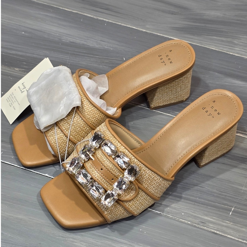 A New Day‎ Kathleen Sandals Raffia Rhinestone Buckle Block Heel Mules Square Toe